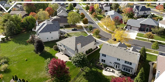 aerial view of Kansas City residential roofs